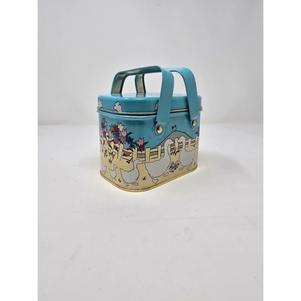 Vintage The Tin Box Company Blue Country Goose & Tulip Tin Tote with Folding Han